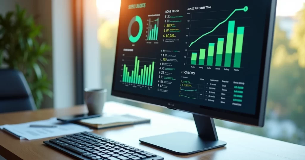 Tela de computador exibindo gráficos de desempenho e cálculo de ROAS com números e indicadores coloridos