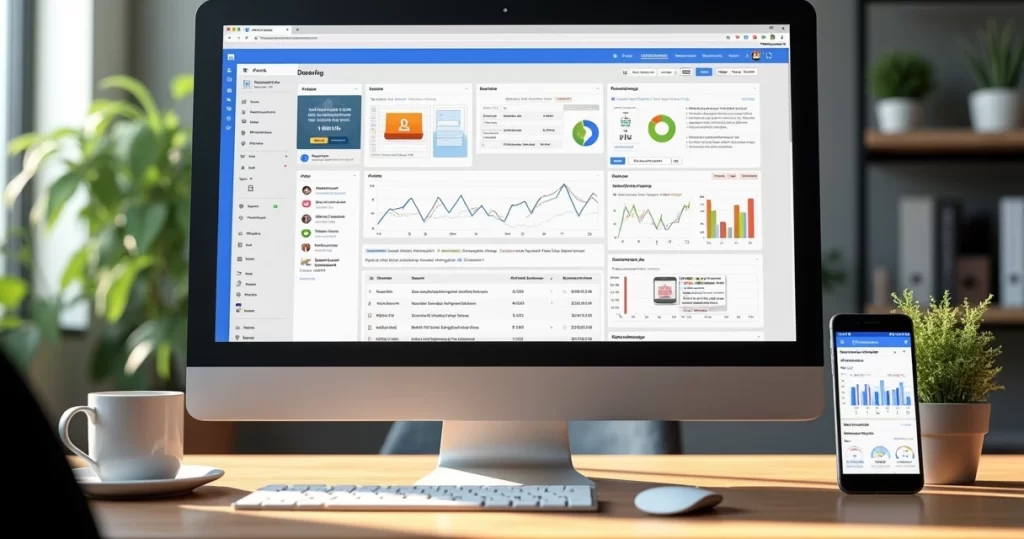 Tela de computador exibindo interface do Google Ads com gráficos e configurações de campanha