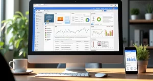 Tela de computador exibindo interface do Google Ads com gráficos e configurações de campanha