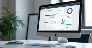 Tela de computador mostrando a criação detalhada de uma landing page com elementos de design, botões de chamada para ação, formulário e gráficos de desempenho ao redor