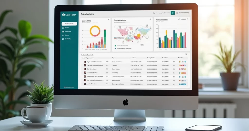 Tela de computador mostrando dashboard de CRM com gráficos de vendas e listas de clientes organizadas